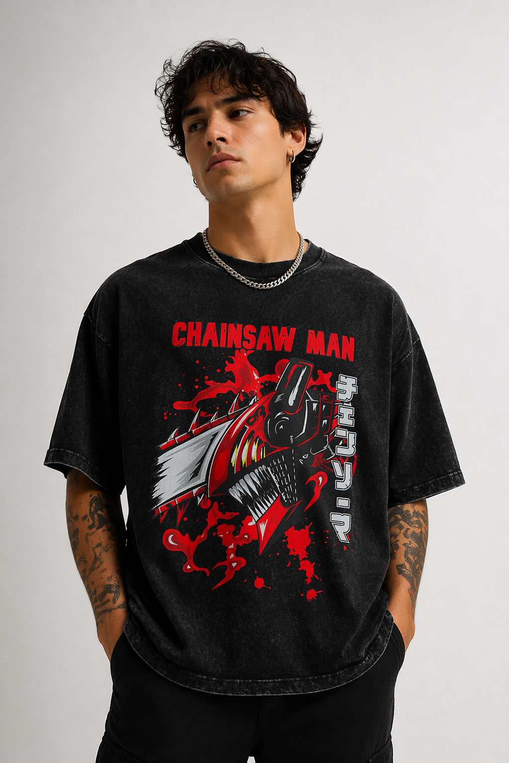 Playera Chainsaw Man Oversize Acid Wash 230 GSM