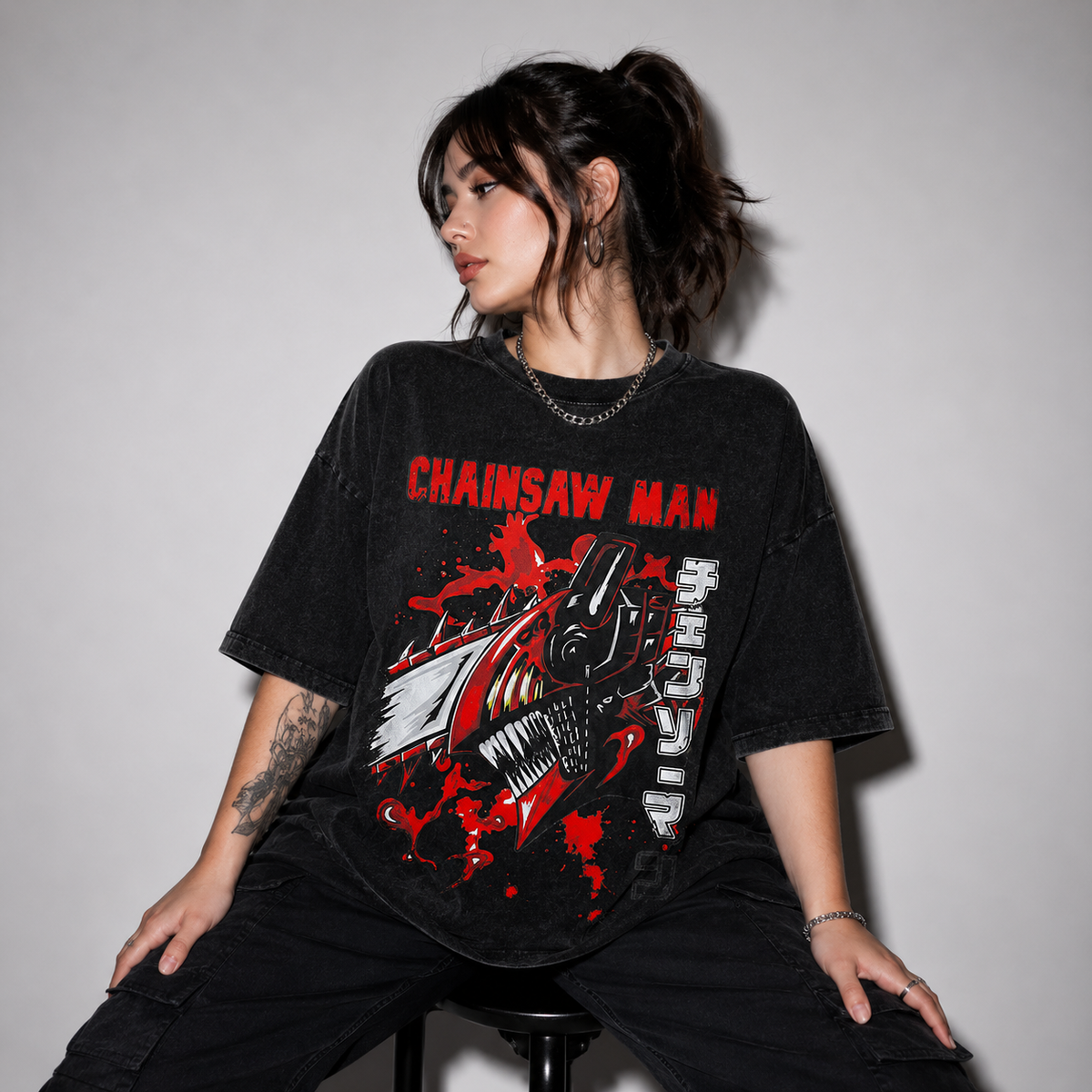 Playera Chainsaw Man Oversize Acid Wash 230 GSM